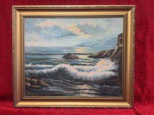 Coastal Scene 'Dramatic Wave Break' Oil Painting On Canvas Signed Rogürs Circa - 1970 Composition - Oil On Canvas Listing Description Stunning Coastal Scene With Headland Erosion And Choppy Waves Breaking In The Bay, High Set Sun Peaking Behind Clouds. Rich Colour Palette Of Vivid Blues And Browns. Signed Rogürs Set In Original Frame. Dimensions In Cms Height 47cm x Width 55cm