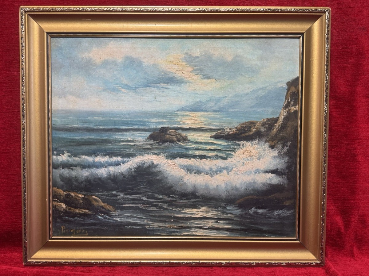 Coastal Scene 'dramatic Wave Break' Oil Painting On Canvas Signed Rogürs
