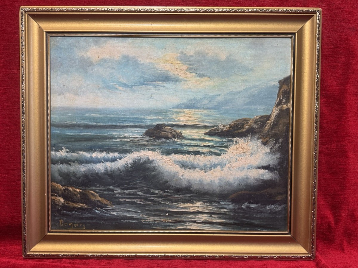 Coastal Scene 'dramatic Wave Break' Oil Painting On Canvas Signed Rogürs