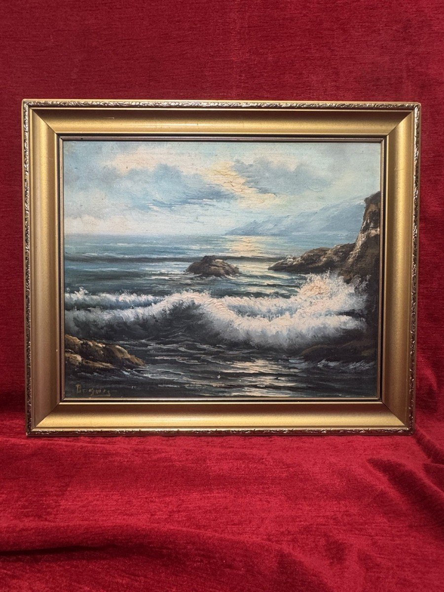 Coastal Scene 'dramatic Wave Break' Oil Painting On Canvas Signed Rogürs