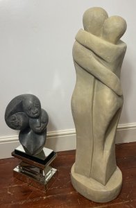 Large 20th Century Modern Art Sculpture In The Style Of Henry Moore. Composition- Resin Circa - Vintage1970’s Condition- Vintage Used A Large Sculpture Of Two Modernistic Figures Thought To Be Male & Female Posed Kissing With Contoured Leg Cut Out Standing Upon Circular Plinth Base. Stunning Sculpture In The Style Of Henry Moore. Unsigned Very Impressive Showpiece/ Centre Piece For Modern Home/ Garden. For Indoor Or Outdoor Use Provenance Purchased As Investment From London Art Gallery Now Part Of Lord Hill Museum Private Collection. Dimensions In Inches Sculpture Height 41” Base Width 13” Base Depth 13” Weight Approx 30KG