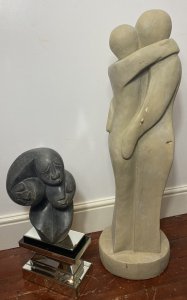 Large 20th Century Modern Art Sculpture In The Style Of Henry Moore. Composition- Resin Circa - Vintage1970’s Condition- Vintage Used A Large Sculpture Of Two Modernistic Figures Thought To Be Male & Female Posed Kissing With Contoured Leg Cut Out Standing Upon Circular Plinth Base. Stunning Sculpture In The Style Of Henry Moore. Unsigned Very Impressive Showpiece/ Centre Piece For Modern Home/ Garden. For Indoor Or Outdoor Use Provenance Purchased As Investment From London Art Gallery Now Part Of Lord Hill Museum Private Collection. Dimensions In Inches Sculpture Height 41” Base Width 13” Base Depth 13” Weight Approx 30KG