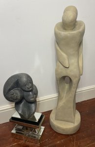 Large 20th Century Modern Art Sculpture In The Style Of Henry Moore. Composition- Resin Circa - Vintage1970’s Condition- Vintage Used A Large Sculpture Of Two Modernistic Figures Thought To Be Male & Female Posed Kissing With Contoured Leg Cut Out Standing Upon Circular Plinth Base. Stunning Sculpture In The Style Of Henry Moore. Unsigned Very Impressive Showpiece/ Centre Piece For Modern Home/ Garden. For Indoor Or Outdoor Use Provenance Purchased As Investment From London Art Gallery Now Part Of Lord Hill Museum Private Collection. Dimensions In Inches Sculpture Height 41” Base Width 13” Base Depth 13” Weight Approx 30KG