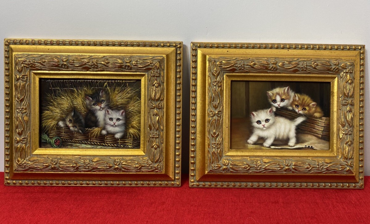 Primary image for Pair Of Charming Animal Lovers Kitten Oil Paintings By Artist D Miller