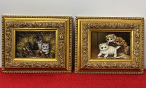 Pair Of Charming Animal Lovers Kitten Paintings By Artist D Miller. Medium - Oil On Board Circa - 1980’s A Pair Of Beautifully Hand Painted Kitten Landscape Portrait Paintings. Finely Painted By Animal Artist D Miller. Both Set In Very Ornate Gilt Wood Frames WithWall Mount Hanging Hook On The Reverse. Authenticity Certificate On The Reverse By Nationwide Auctioneers, St Helens, England. 1ST Painting (Left) ~ Three Tabby And White Kittens Perched In A Basket Of Hay. Beautiful Detailed Fur, Eyes And Whiskers With Adorable Pink Button Noses. Stunning Coloration With White, Gold And Brown Tones. Exceptionally Painted Artwork By Animal Artist D Miller Certificate Of Authenticity On The Back. 2ND Painting (Right) ~ Three Kittens. One Brave White Kitten Clambered Out The Cat Box Exploring And Two Timid Ginger Kittens Peaking Over The Edge Watching. Lovely Wood Panelled Painted Background. The Kittens Intricately Painted With Realistic Fur, Big Eyes, Pointed Ears And Delicate Whiskers. Stunning Tones Of White, Brown And Ginger. A Beautiful Artwork In Oil On Board By Animal Artist D Miller Signed. Authenticity Certificate On The Back Provenance Purchased From A London Animal Collector And Enthusiast Now Part Of Lord Hill Museum Collection. Dimensions In Inches Frame Height 10.5” X Width 12” Painting Height 4.5” X Width 6.5”