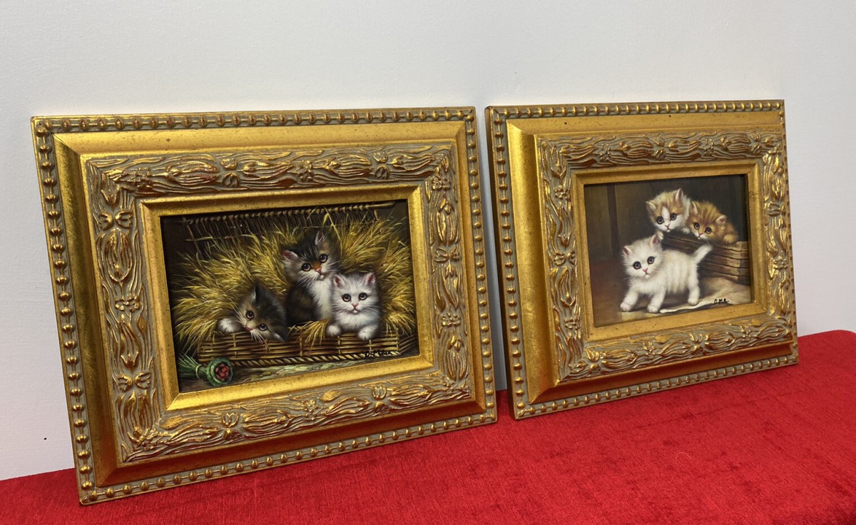 Pair Of Charming Animal Lovers Kitten Oil Paintings By Artist D Miller