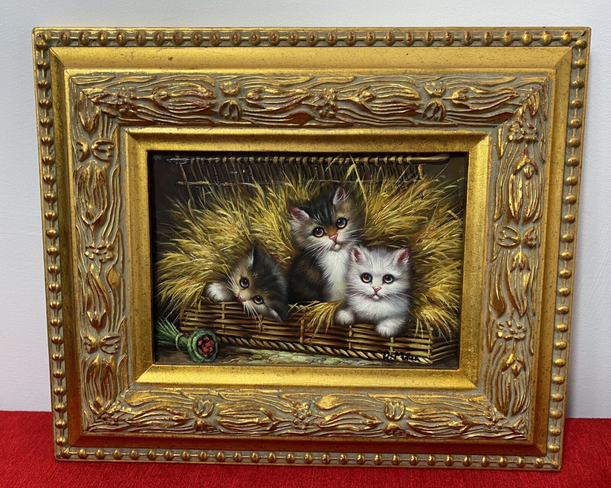 Pair Of Charming Animal Lovers Kitten Oil Paintings By Artist D Miller