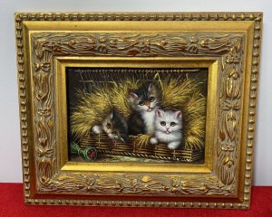 Pair Of Charming Animal Lovers Kitten Paintings By Artist D Miller. Medium - Oil On Board Circa - 1980’s A Pair Of Beautifully Hand Painted Kitten Landscape Portrait Paintings. Finely Painted By Animal Artist D Miller. Both Set In Very Ornate Gilt Wood Frames WithWall Mount Hanging Hook On The Reverse. Authenticity Certificate On The Reverse By Nationwide Auctioneers, St Helens, England. 1ST Painting (Left) ~ Three Tabby And White Kittens Perched In A Basket Of Hay. Beautiful Detailed Fur, Eyes And Whiskers With Adorable Pink Button Noses. Stunning Coloration With White, Gold And Brown Tones. Exceptionally Painted Artwork By Animal Artist D Miller Certificate Of Authenticity On The Back. 2ND Painting (Right) ~ Three Kittens. One Brave White Kitten Clambered Out The Cat Box Exploring And Two Timid Ginger Kittens Peaking Over The Edge Watching. Lovely Wood Panelled Painted Background. The Kittens Intricately Painted With Realistic Fur, Big Eyes, Pointed Ears And Delicate Whiskers. Stunning Tones Of White, Brown And Ginger. A Beautiful Artwork In Oil On Board By Animal Artist D Miller Signed. Authenticity Certificate On The Back Provenance Purchased From A London Animal Collector And Enthusiast Now Part Of Lord Hill Museum Collection. Dimensions In Inches Frame Height 10.5” X Width 12” Painting Height 4.5” X Width 6.5”