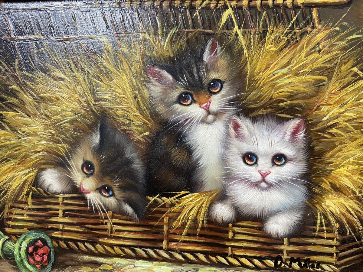 Pair Of Charming Animal Lovers Kitten Oil Paintings By Artist D Miller