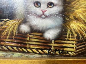 Pair Of Charming Animal Lovers Kitten Paintings By Artist D Miller. Medium - Oil On Board Circa - 1980’s A Pair Of Beautifully Hand Painted Kitten Landscape Portrait Paintings. Finely Painted By Animal Artist D Miller. Both Set In Very Ornate Gilt Wood Frames WithWall Mount Hanging Hook On The Reverse. Authenticity Certificate On The Reverse By Nationwide Auctioneers, St Helens, England. 1ST Painting (Left) ~ Three Tabby And White Kittens Perched In A Basket Of Hay. Beautiful Detailed Fur, Eyes And Whiskers With Adorable Pink Button Noses. Stunning Coloration With White, Gold And Brown Tones. Exceptionally Painted Artwork By Animal Artist D Miller Certificate Of Authenticity On The Back. 2ND Painting (Right) ~ Three Kittens. One Brave White Kitten Clambered Out The Cat Box Exploring And Two Timid Ginger Kittens Peaking Over The Edge Watching. Lovely Wood Panelled Painted Background. The Kittens Intricately Painted With Realistic Fur, Big Eyes, Pointed Ears And Delicate Whiskers. Stunning Tones Of White, Brown And Ginger. A Beautiful Artwork In Oil On Board By Animal Artist D Miller Signed. Authenticity Certificate On The Back Provenance Purchased From A London Animal Collector And Enthusiast Now Part Of Lord Hill Museum Collection. Dimensions In Inches Frame Height 10.5” X Width 12” Painting Height 4.5” X Width 6.5”
