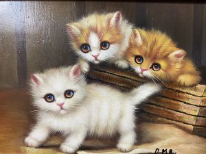 Pair Of Charming Animal Lovers Kitten Paintings By Artist D Miller. Medium - Oil On Board Circa - 1980’s A Pair Of Beautifully Hand Painted Kitten Landscape Portrait Paintings. Finely Painted By Animal Artist D Miller. Both Set In Very Ornate Gilt Wood Frames WithWall Mount Hanging Hook On The Reverse. Authenticity Certificate On The Reverse By Nationwide Auctioneers, St Helens, England. 1ST Painting (Left) ~ Three Tabby And White Kittens Perched In A Basket Of Hay. Beautiful Detailed Fur, Eyes And Whiskers With Adorable Pink Button Noses. Stunning Coloration With White, Gold And Brown Tones. Exceptionally Painted Artwork By Animal Artist D Miller Certificate Of Authenticity On The Back. 2ND Painting (Right) ~ Three Kittens. One Brave White Kitten Clambered Out The Cat Box Exploring And Two Timid Ginger Kittens Peaking Over The Edge Watching. Lovely Wood Panelled Painted Background. The Kittens Intricately Painted With Realistic Fur, Big Eyes, Pointed Ears And Delicate Whiskers. Stunning Tones Of White, Brown And Ginger. A Beautiful Artwork In Oil On Board By Animal Artist D Miller Signed. Authenticity Certificate On The Back Provenance Purchased From A London Animal Collector And Enthusiast Now Part Of Lord Hill Museum Collection. Dimensions In Inches Frame Height 10.5” X Width 12” Painting Height 4.5” X Width 6.5”