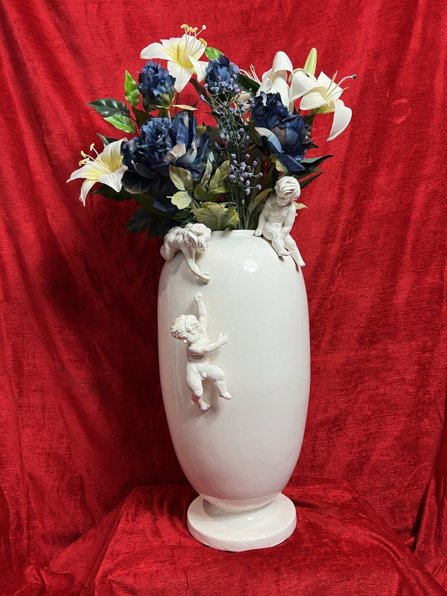 Wonderful Large French Porcelain Vase With Trio Of Putti