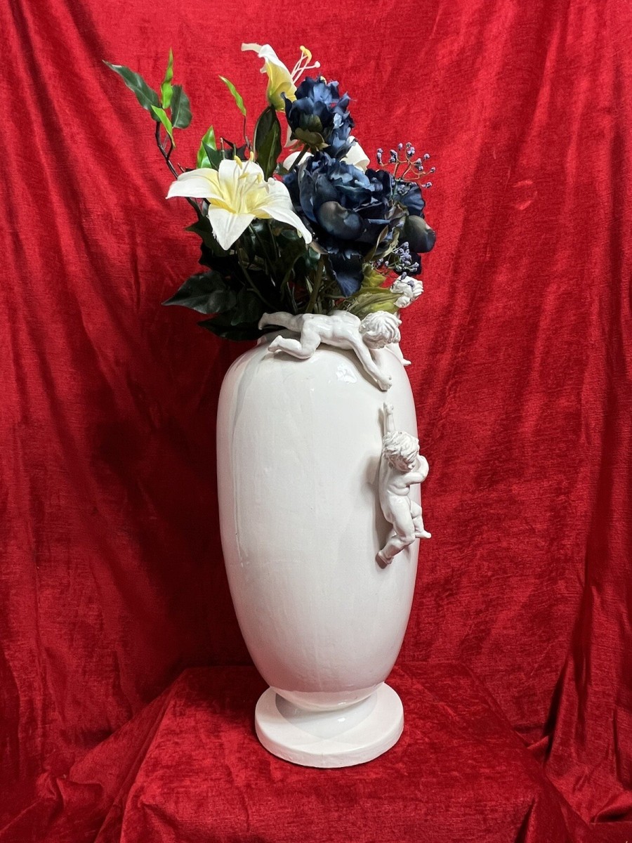 Wonderful Large French Porcelain Vase With Trio Of Putti
