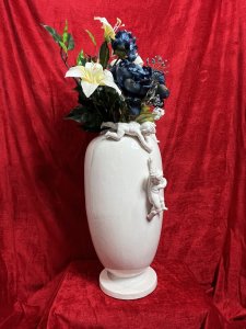 Wonderful Large French Vase With Decorative Trio Of Putti Circa - 1970 Composition - Porcelain Listing Description Large Antique White French Bulbous Body Vase, With Trio Of Decorative Finely Crafted Putti. The Front Face Of The Vase Showcases The Three Putti. One Sitting, Whist One Putti Reaches Out To Catch The Other Whom Slides Down The Body Of The Vase. Beautiful Vase For Decorative Display. Condition - Very Good Minor Damage One Of The putti Has Previously Been Damaged And Repaired. Please See Images Before Purchase. Dimensions in Inches Height 22" Width 10" (At Widest Point) Please Call For Any Further Information 07376 618513 Thank-you