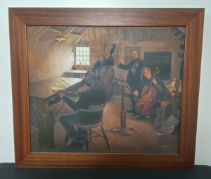 String Quartet Interior Scene Oil On Canvas Signed By Artist L Barnes. Circa - 1900 Composition- Oil On Canvas Stunning Orchestration Of A Four String Quartet Set In Traditional Oak Beamed Interior Scene. A Violinist Looks Straight At The Artist, Whilst The Two Base Players Sit Immersed Reading Sheet Music. The Second Violinist Sits Away From the Artist Towards A Well Illuminated Window. Beautiful Impressionistic Musical Scene With Exceptional Quality. Set In Solid Elmwood Frame & Signed By The Artist L Barnes. Provenance Exhibition At London Art Gallery And Purchased By The Lord Hill Private Museum. Dimensions In Inches Frame Height 24 3/4” X Width 28 3/4” Painting Height 19.5” X Width 23 1/4”