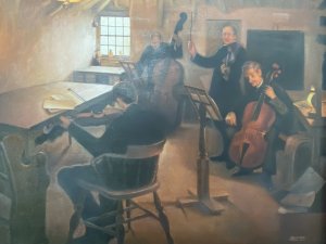 String Quartet Interior Scene Oil On Canvas Signed By Artist L Barnes. Circa - 1900 Composition- Oil On Canvas Stunning Orchestration Of A Four String Quartet Set In Traditional Oak Beamed Interior Scene. A Violinist Looks Straight At The Artist, Whilst The Two Base Players Sit Immersed Reading Sheet Music. The Second Violinist Sits Away From the Artist Towards A Well Illuminated Window. Beautiful Impressionistic Musical Scene With Exceptional Quality. Set In Solid Elmwood Frame & Signed By The Artist L Barnes. Provenance Exhibition At London Art Gallery And Purchased By The Lord Hill Private Museum. Dimensions In Inches Frame Height 24 3/4” X Width 28 3/4” Painting Height 19.5” X Width 23 1/4”