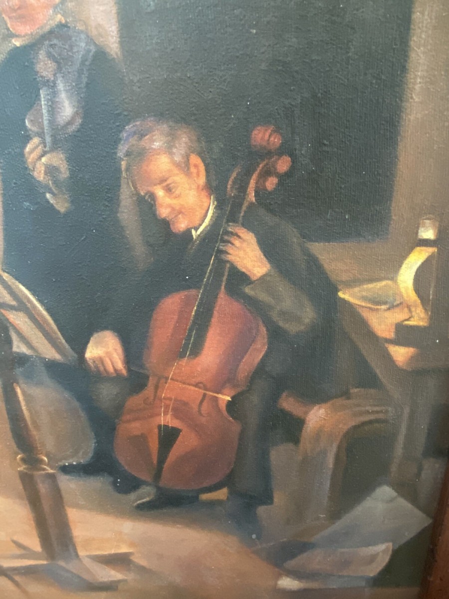 String Quartet Interior Scene Oil On Canvas Signed By Artist L Barnes