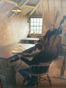 String Quartet Interior Scene Oil On Canvas Signed By Artist L Barnes. Circa - 1900 Composition- Oil On Canvas Stunning Orchestration Of A Four String Quartet Set In Traditional Oak Beamed Interior Scene. A Violinist Looks Straight At The Artist, Whilst The Two Base Players Sit Immersed Reading Sheet Music. The Second Violinist Sits Away From the Artist Towards A Well Illuminated Window. Beautiful Impressionistic Musical Scene With Exceptional Quality. Set In Solid Elmwood Frame & Signed By The Artist L Barnes. Provenance Exhibition At London Art Gallery And Purchased By The Lord Hill Private Museum. Dimensions In Inches Frame Height 24 3/4” X Width 28 3/4” Painting Height 19.5” X Width 23 1/4”