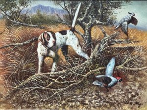 Pointer Dog Stalking Pheasants Oil Painting Signed W E Keeyn Circa - Vintage Composition - Oil On Board Listing Description Fine Quality Country Landscapes Scene Depicting A Pointer Hunting Dog Stalking Pheasants. Set Amongst Sun Kissed Grasses And Fallen Branches. Wonderful Perspective With Green Foliage And Mountainous Backdrop. Accomplished Artist W E Keeyn Captures The Urgency Of Flight In The Pheasants, Bright Hues With Great Attention To Detail. Painting On Board Set In Ornate Gilt Frame. Dimensions In Cms ADD Height x Width