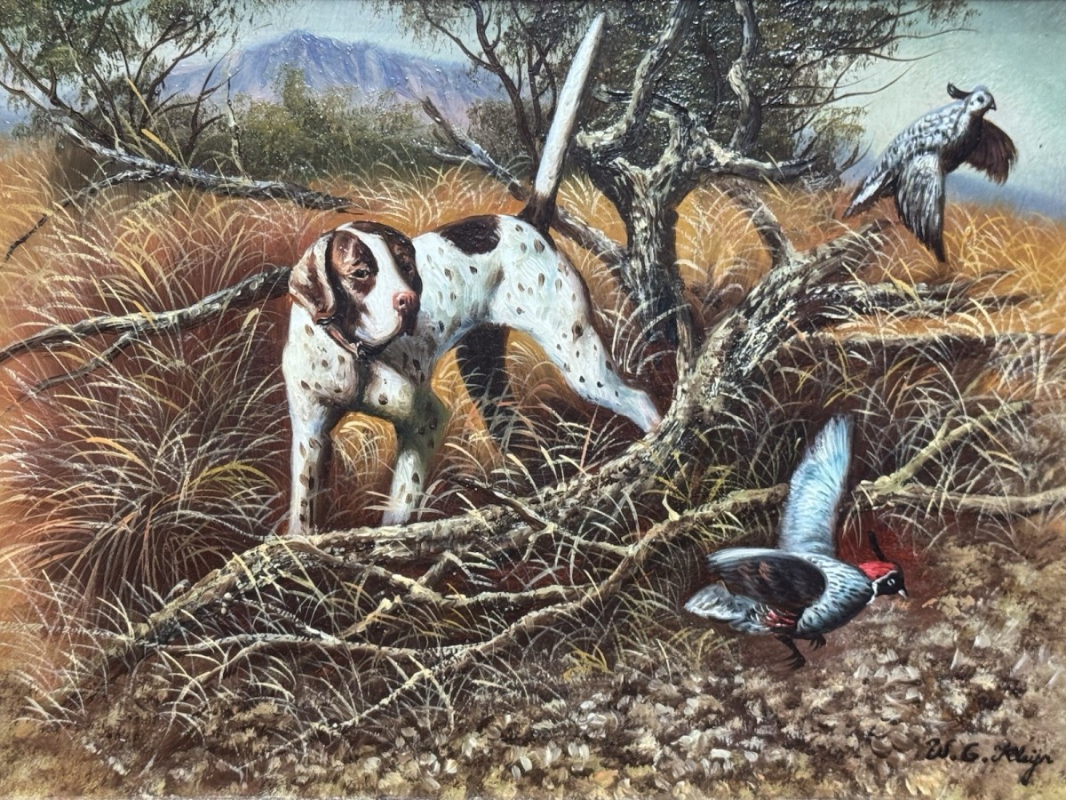 Country Landscape Pointer Hunting Dog Stalking Pheasants Oil Painting W G Keeyn