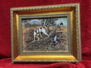 Pointer Dog Stalking Pheasants Oil Painting Signed W E Keeyn Circa - Vintage Composition - Oil On Board Listing Description Fine Quality Country Landscapes Scene Depicting A Pointer Hunting Dog Stalking Pheasants. Set Amongst Sun Kissed Grasses And Fallen Branches. Wonderful Perspective With Green Foliage And Mountainous Backdrop. Accomplished Artist W E Keeyn Captures The Urgency Of Flight In The Pheasants, Bright Hues With Great Attention To Detail. Painting On Board Set In Ornate Gilt Frame. Dimensions In Cms ADD Height x Width