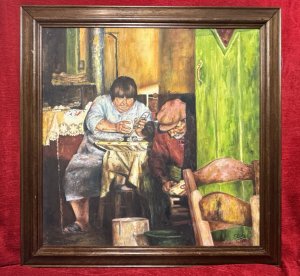 Greek Taverna Oil Painting Titled Potato Peelers Signed G E Lee Circa - Contemporary Dated 1991 Medium - Oil On Canvas Listing Description Charming Greek Interior Scene Of Family Run Futis Taverna, Narcos. Vibrant colour palette Showcasing Bright lights from the restaurant shining through lime green doorway into the kitchen, where husband and wife sit peeling and cutting potatoes. The painting is thought to be a holiday memoire painted by the holiday maker. Stunning piece. Dimensions In Cms Height 73.5cm X Width 73.5cm