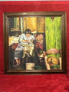 Greek Taverna Oil Painting Titled Potato Peelers Signed G E Lee Circa - Contemporary Dated 1991 Medium - Oil On Canvas Listing Description Charming Greek Interior Scene Of Family Run Futis Taverna, Narcos. Vibrant colour palette Showcasing Bright lights from the restaurant shining through lime green doorway into the kitchen, where husband and wife sit peeling and cutting potatoes. The painting is thought to be a holiday memoire painted by the holiday maker. Stunning piece. Dimensions In Cms Height 73.5cm X Width 73.5cm
