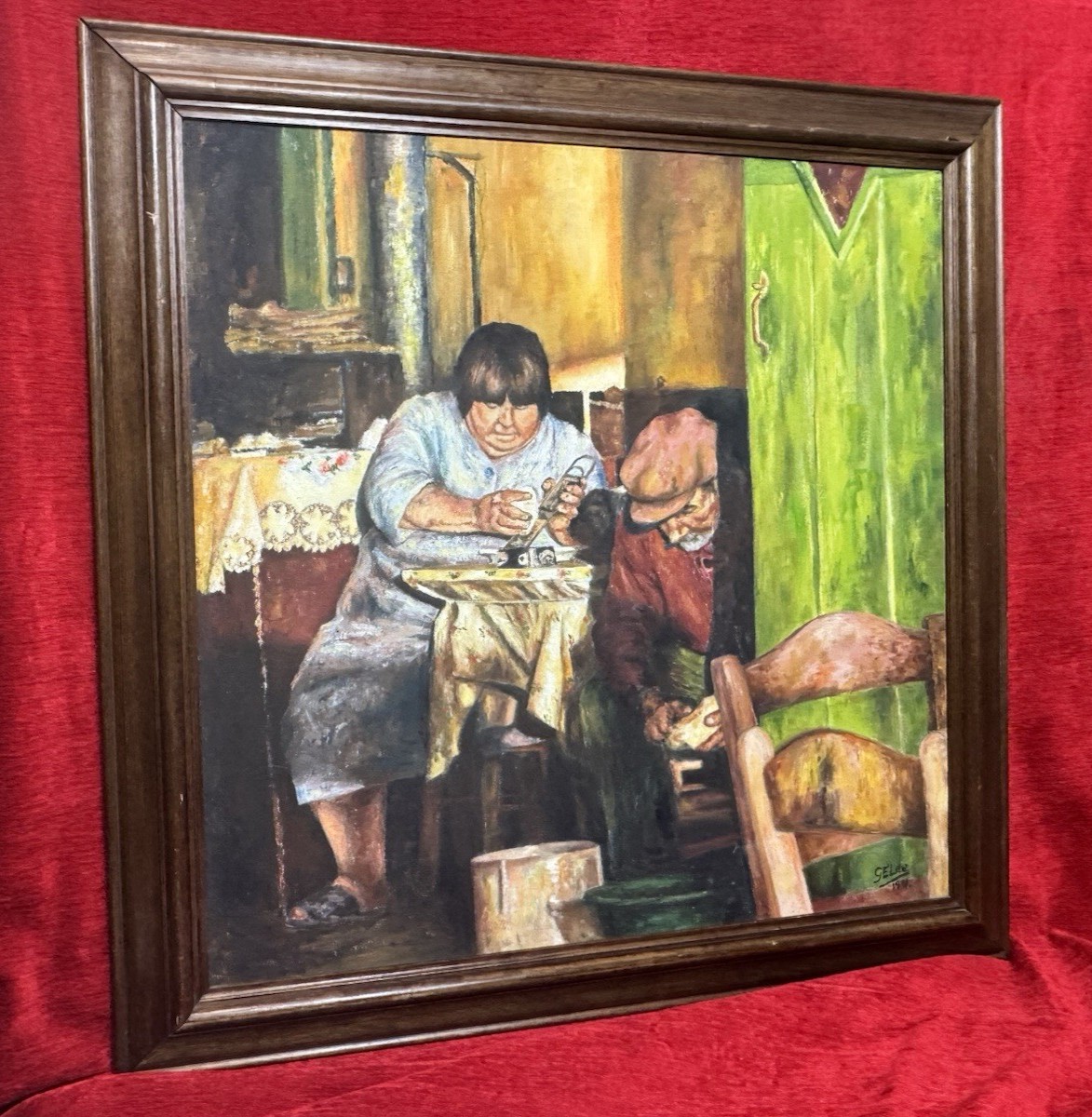 Futis Greek Taverna, Narcos Oil Painting Titled Potato Peelers Signed G E Lee