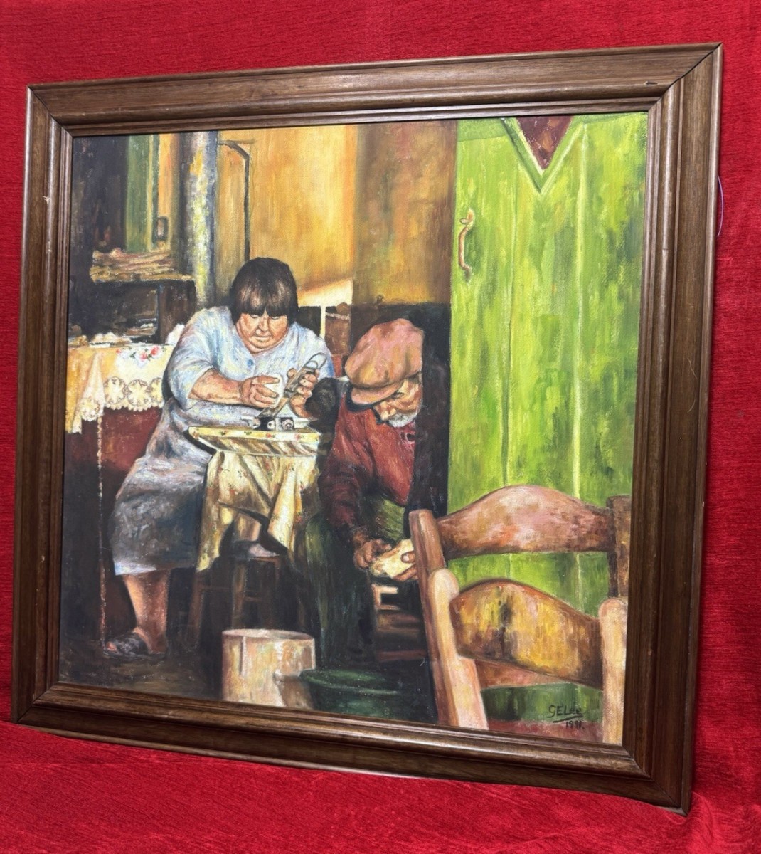 Futis Greek Taverna, Narcos Oil Painting Titled Potato Peelers Signed G E Lee