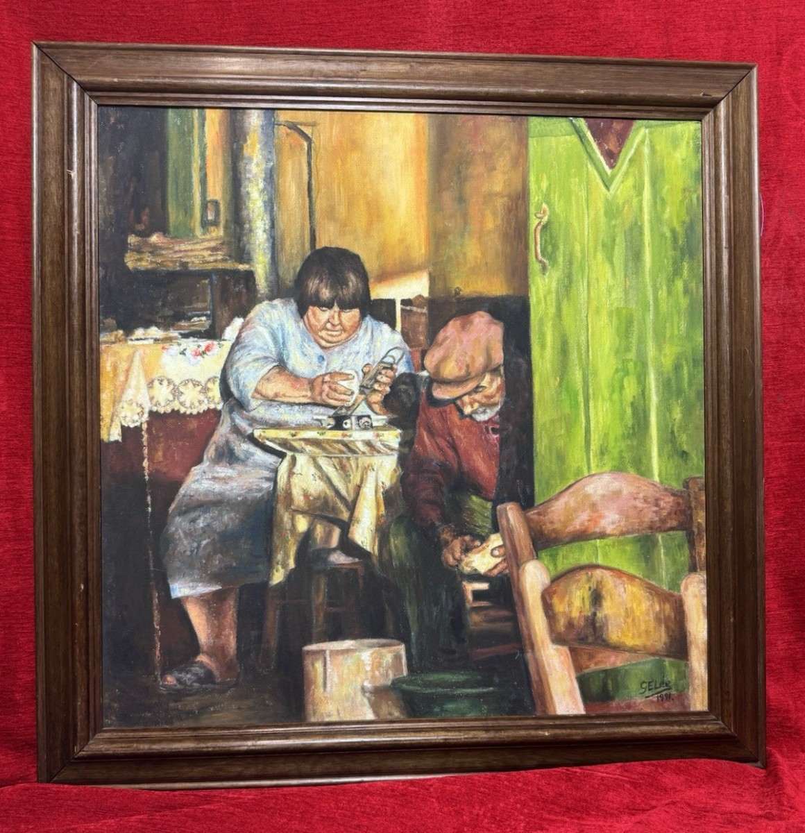 Futis Greek Taverna, Narcos Oil Painting Titled Potato Peelers Signed G E Lee
