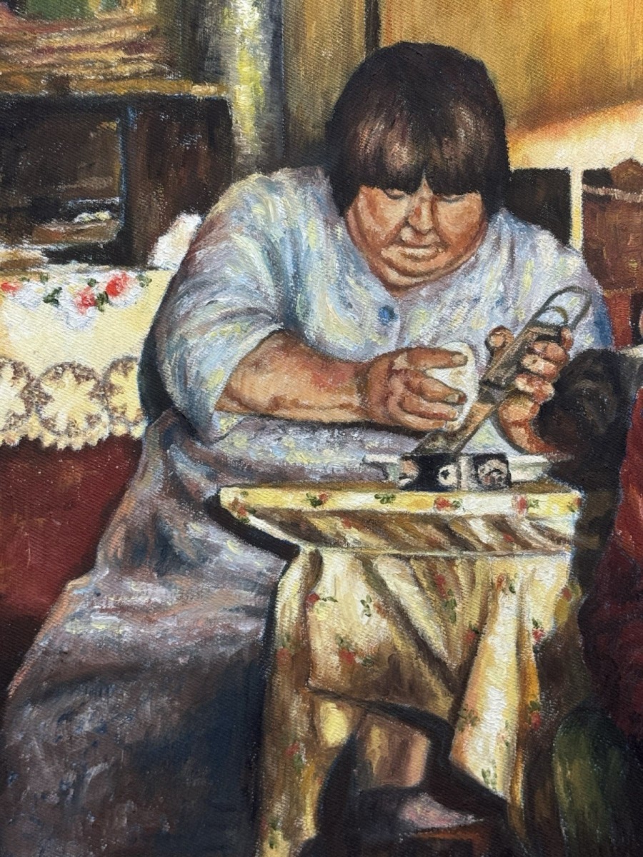 Futis Greek Taverna, Narcos Oil Painting Titled Potato Peelers Signed G E Lee