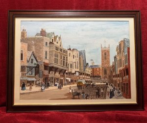 After Louise Rayner's Infamous Artwork Titled 'Shopping Day' Oil Painting By Chester Artist Harold Carlass Circa - Dated 2009 Composition - Oil on Canvas Listing Description Street View Of The City Of Chester, Cheshire, Watergate Street, Looking East Towards The Cross. The Scene Depicts 1860's Chesters Bustling Street Scene, With Many Victorian Figures As Well As Horse Drawn Coaches. A Charming Painting With Historical Accuracy Showcasing Meticulous Architectural Merit, Capturing The Intricate Construction Of The Timber Framed Buildings And Chester's Rows. Wonderful Artwork Offering A Glimpse Of Chester During The Victorian Period. This Painting Is A Modern Interpretation Of A Original Artwork By Louise Rayner Titled Shopping Day, And Has Been Repainted By A Local Chester Artist Harold Carlass. A Fabulous Piece. Painted By Accomplished Hand Signed/Dated And Set In Mahogany Frame. Dimensions In Cms Height 59cm X Width 79cm For Further Information Please Call The Museum Curator Leslie On 07707488566 Thank-you.