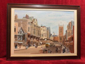 After Louise Rayner's Infamous Artwork Titled 'Shopping Day' Oil Painting By Chester Artist Harold Carlass Circa - Dated 2009 Composition - Oil on Canvas Listing Description Street View Of The City Of Chester, Cheshire, Watergate Street, Looking East Towards The Cross. The Scene Depicts 1860's Chesters Bustling Street Scene, With Many Victorian Figures As Well As Horse Drawn Coaches. A Charming Painting With Historical Accuracy Showcasing Meticulous Architectural Merit, Capturing The Intricate Construction Of The Timber Framed Buildings And Chester's Rows. Wonderful Artwork Offering A Glimpse Of Chester During The Victorian Period. This Painting Is A Modern Interpretation Of A Original Artwork By Louise Rayner Titled Shopping Day, And Has Been Repainted By A Local Chester Artist Harold Carlass. A Fabulous Piece. Painted By Accomplished Hand Signed/Dated And Set In Mahogany Frame. Dimensions In Cms Height 59cm X Width 79cm For Further Information Please Call The Museum Curator Leslie On 07707488566 Thank-you.