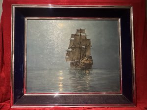 Crescent Moon After Montague Dawson Oil Painting On Board Circa - 1970 Composition - Overpainted Print Listing Description This Is A Large Overpainted Lithograph Of The Original Oil Painting Titled 'Crescent Moon' By British Artist Montague Dawson (1890-1973). This Is One Of Dawsons Most Infamous Works, Which Depicts A Three Decker Clipper Ship Sailing Towards The Crescent Moon. The Warm Candle Lighting At The Stern Of The Ship, Spills Behind On To The Waters Reflection, Creating A Eerie Atmospheric Image Amongst The Dark Surroundings. A Truly Magical Artwork Paying Homage To Masterful Artist Montague Dawson. A Awe-inspiring Painting For Wall Display, Most Definitely An Admiration Piece. Original Overpainted Lithograph On Wood Panel, Set Inside Chrome And Sapphire Velvet Frame. Artwork Title Engraved Plaque Set Upon Reverse. Signs Of Age Visible To Velvet Frame Due To Age And Nature Of Fabric. This Does Not Detract From The Artwork. Dimensions In Cms Height 77cm X Width 92cm For Further Information Please Contact the Museum Curator On 07707 488566 Thank-you.