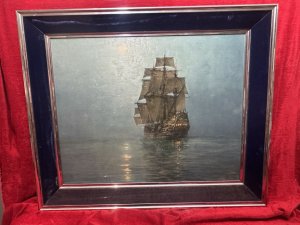 Crescent Moon After Montague Dawson Oil Painting On Board Circa - 1970 Composition - Overpainted Print Listing Description This Is A Large Overpainted Lithograph Of The Original Oil Painting Titled 'Crescent Moon' By British Artist Montague Dawson (1890-1973). This Is One Of Dawsons Most Infamous Works, Which Depicts A Three Decker Clipper Ship Sailing Towards The Crescent Moon. The Warm Candle Lighting At The Stern Of The Ship, Spills Behind On To The Waters Reflection, Creating A Eerie Atmospheric Image Amongst The Dark Surroundings. A Truly Magical Artwork Paying Homage To Masterful Artist Montague Dawson. A Awe-inspiring Painting For Wall Display, Most Definitely An Admiration Piece. Original Overpainted Lithograph On Wood Panel, Set Inside Chrome And Sapphire Velvet Frame. Artwork Title Engraved Plaque Set Upon Reverse. Signs Of Age Visible To Velvet Frame Due To Age And Nature Of Fabric. This Does Not Detract From The Artwork. Dimensions In Cms Height 77cm X Width 92cm For Further Information Please Contact the Museum Curator On 07707 488566 Thank-you.