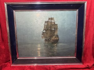 Crescent Moon After Montague Dawson Oil Painting On Board Circa - 1970 Composition - Overpainted Print Listing Description This Is A Large Overpainted Lithograph Of The Original Oil Painting Titled 'Crescent Moon' By British Artist Montague Dawson (1890-1973). This Is One Of Dawsons Most Infamous Works, Which Depicts A Three Decker Clipper Ship Sailing Towards The Crescent Moon. The Warm Candle Lighting At The Stern Of The Ship, Spills Behind On To The Waters Reflection, Creating A Eerie Atmospheric Image Amongst The Dark Surroundings. A Truly Magical Artwork Paying Homage To Masterful Artist Montague Dawson. A Awe-inspiring Painting For Wall Display, Most Definitely An Admiration Piece. Original Overpainted Lithograph On Wood Panel, Set Inside Chrome And Sapphire Velvet Frame. Artwork Title Engraved Plaque Set Upon Reverse. Signs Of Age Visible To Velvet Frame Due To Age And Nature Of Fabric. This Does Not Detract From The Artwork. Dimensions In Cms Height 77cm X Width 92cm For Further Information Please Contact the Museum Curator On 07707 488566 Thank-you.