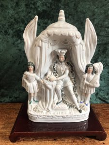 Rare Antique Staffordshire Figurine King John Of England Signing Magna Carter Accompanied By His Daughters Set In Dome Topped Building Cream Ware Pottery High Quality And Detail Date 1860 Lovely Condition Dimensions In Inches Height 12.5” Width 7.5” Weight 1kg