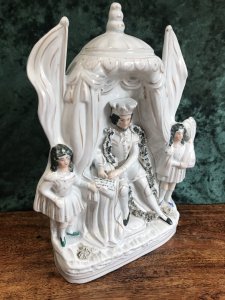 Rare Antique Staffordshire Figurine King John Of England Signing Magna Carter Accompanied By His Daughters Set In Dome Topped Building Cream Ware Pottery High Quality And Detail Date 1860 Lovely Condition Dimensions In Inches Height 12.5” Width 7.5” Weight 1kg