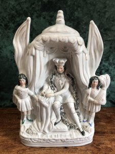 Rare Antique Staffordshire Figurine King John Of England Signing Magna Carter Accompanied By His Daughters Set In Dome Topped Building Cream Ware Pottery High Quality And Detail Date 1860 Lovely Condition Dimensions In Inches Height 12.5” Width 7.5” Weight 1kg
