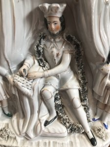 Rare Antique Staffordshire Figurine King John Of England Signing Magna Carter Accompanied By His Daughters Set In Dome Topped Building Cream Ware Pottery High Quality And Detail Date 1860 Lovely Condition Dimensions In Inches Height 12.5” Width 7.5” Weight 1kg