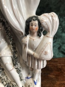 Rare Antique Staffordshire Figurine King John Of England Signing Magna Carter Accompanied By His Daughters Set In Dome Topped Building Cream Ware Pottery High Quality And Detail Date 1860 Lovely Condition Dimensions In Inches Height 12.5” Width 7.5” Weight 1kg