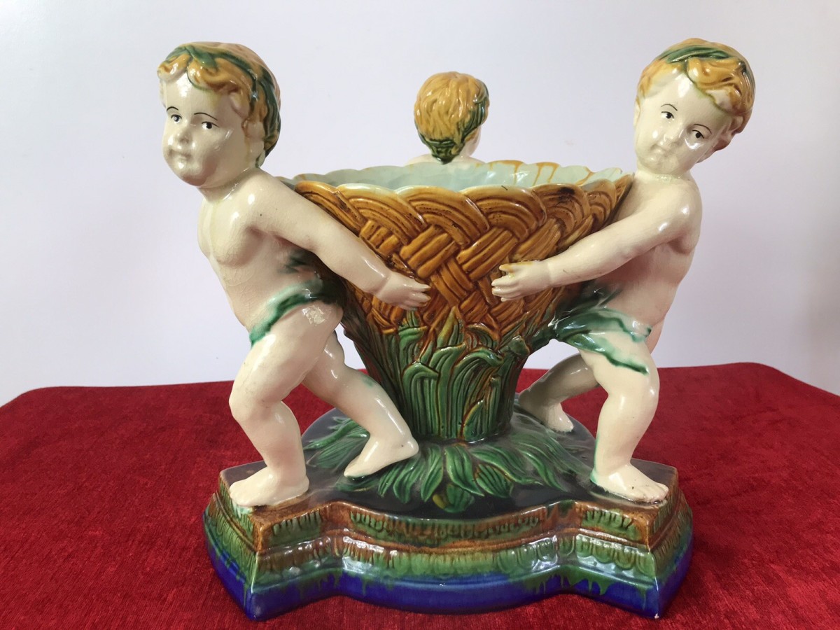 Primary image for Italian Majolica Trio Of Cherubs Centrepiece With Green And Yellow Overglaze