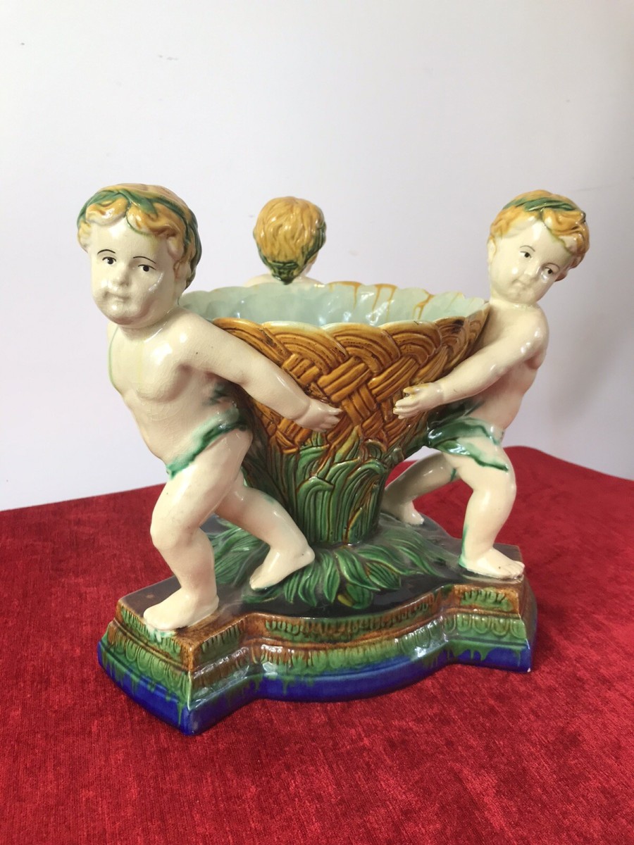 Italian Majolica Trio Of Cherubs Centrepiece With Green And Yellow Overglaze
