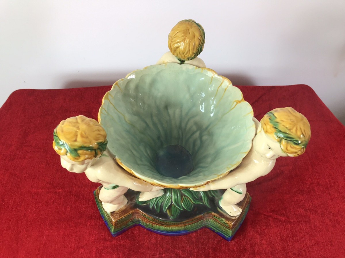 Italian Majolica Trio Of Cherubs Centrepiece With Green And Yellow Overglaze