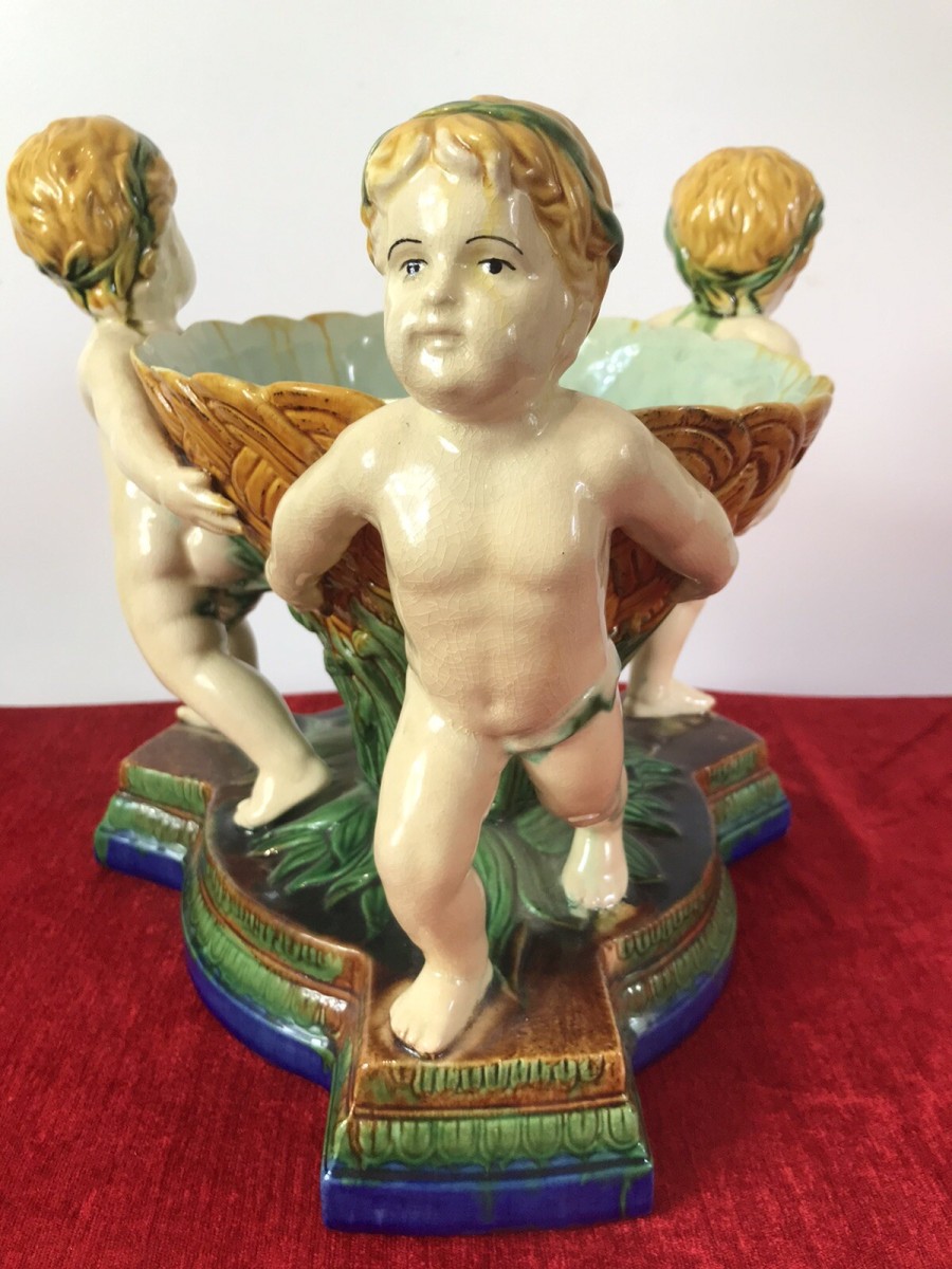 Italian Majolica Trio Of Cherubs Centrepiece With Green And Yellow Overglaze