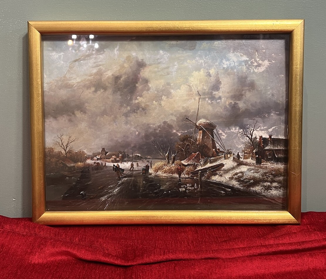 Primary image for 20th Century Dutch Winter Landscape Of Frozen River Ice Skating Scene Signed
