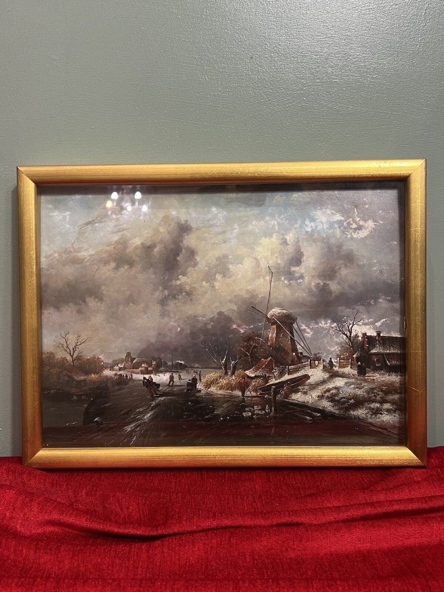 20th Century Dutch Winter Landscape Of Frozen River Ice Skating Scene Signed