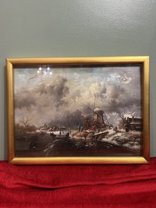 20th Century Dutch Winter Landscape Of Frozen River Ice Skating Scene Signed Circa - 1900 Compsition - Oil On Board Listing Description Period Fine Quality Dutch Winter Snow Scene Landscape, Depicting Frozen River With Many Ice Skaters. Detailed Landscape With Moody Grey Skies Showing Fabulous Perspective. A Central Ice Skating Throughway Central Of Frozen Waterway, Carved By Ice Skaters Boot Blades. Skaters Can Be Seen Far In The Distance Against Snowy Mountainous Backdrop. Both River Banks With Many Period Houses And Large Working Mill Littered With Many Dutch Figures In Winter Attire. Original Antique Landscape Signed By The Artist (Along Right Rivers Edge) Van De Berg Oil Painting Inset Inside Glazed Gilt Frame. Frame Is Not Original To Artwork. Dimensions In Inches Height 12 3/4" X Width 17" For Further Information Please Call 07707 488 566 Thank-you