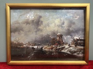 20th Century Dutch Winter Landscape Of Frozen River Ice Skating Scene Signed Circa - 1900 Compsition - Oil On Board Listing Description Period Fine Quality Dutch Winter Snow Scene Landscape, Depicting Frozen River With Many Ice Skaters. Detailed Landscape With Moody Grey Skies Showing Fabulous Perspective. A Central Ice Skating Throughway Central Of Frozen Waterway, Carved By Ice Skaters Boot Blades. Skaters Can Be Seen Far In The Distance Against Snowy Mountainous Backdrop. Both River Banks With Many Period Houses And Large Working Mill Littered With Many Dutch Figures In Winter Attire. Original Antique Landscape Signed By The Artist (Along Right Rivers Edge) Van De Berg Oil Painting Inset Inside Glazed Gilt Frame. Frame Is Not Original To Artwork. Dimensions In Inches Height 12 3/4" X Width 17" For Further Information Please Call 07707 488 566 Thank-you