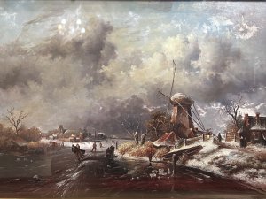 20th Century Dutch Winter Landscape Of Frozen River Ice Skating Scene Signed Circa - 1900 Compsition - Oil On Board Listing Description Period Fine Quality Dutch Winter Snow Scene Landscape, Depicting Frozen River With Many Ice Skaters. Detailed Landscape With Moody Grey Skies Showing Fabulous Perspective. A Central Ice Skating Throughway Central Of Frozen Waterway, Carved By Ice Skaters Boot Blades. Skaters Can Be Seen Far In The Distance Against Snowy Mountainous Backdrop. Both River Banks With Many Period Houses And Large Working Mill Littered With Many Dutch Figures In Winter Attire. Original Antique Landscape Signed By The Artist (Along Right Rivers Edge) Van De Berg Oil Painting Inset Inside Glazed Gilt Frame. Frame Is Not Original To Artwork. Dimensions In Inches Height 12 3/4" X Width 17" For Further Information Please Call 07707 488 566 Thank-you